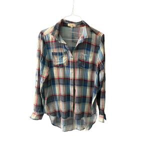 Love Notes Tunic Button-Up Shirt Women Size L Multicolor Plaid Long Sleeve Rayon